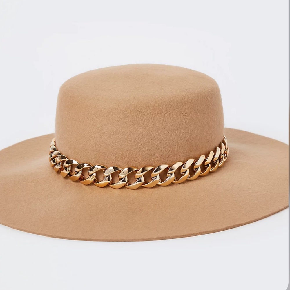 River Island Fedora With Chain Trim - Beige New